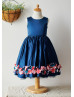 Navy Blue Satin Knee Length Flower Girl Dress With Handmade Flowers